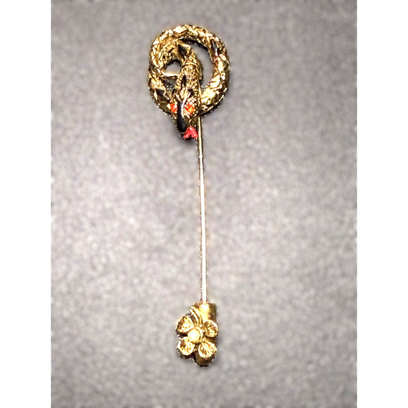 ART Jewelry - Vintage Signed ART Gold Tone Rhinestone Snake Serpent Brooch Hat Pin Cabochon